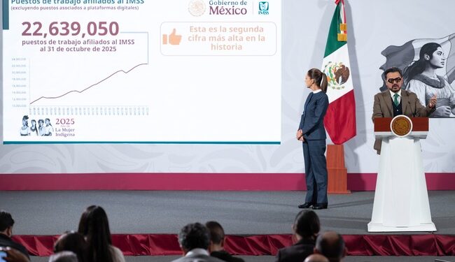 Gobierno de México: Empleo afiliado al IMSS registra cifra récord con 22 millones 639 mil 50 puestos de trabajo al 31 de octubre
